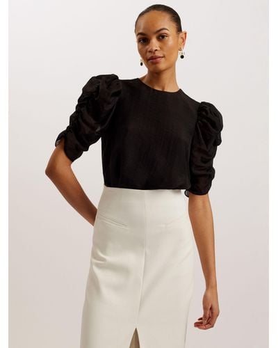 Ted Baker Sachiko Ruched Puff Sleeve Organza Top - Black