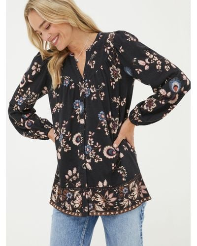 FatFace Betty Fall Floral Print Top - Black