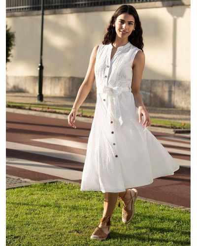 Yumi' Flower Broderie Anglaise Midi Cotton Dress - White