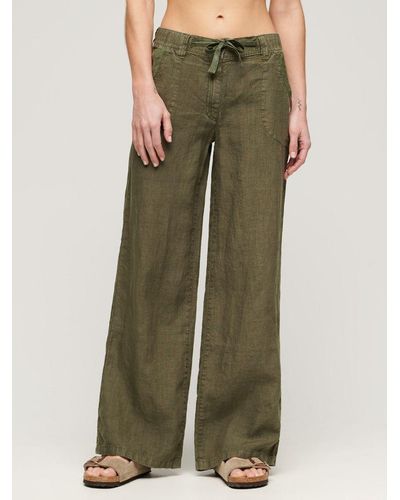 Superdry Low Rise Wide Leg Linen Trousers - Green