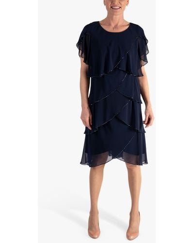Chesca Multi Layered Bead Trim Knee Length Dress - Blue