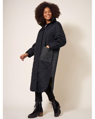 White Stuff Mix Long Quilted Coat - Black