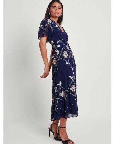 Monsoon Nella Embroidered Midi Tea Dress - Blue