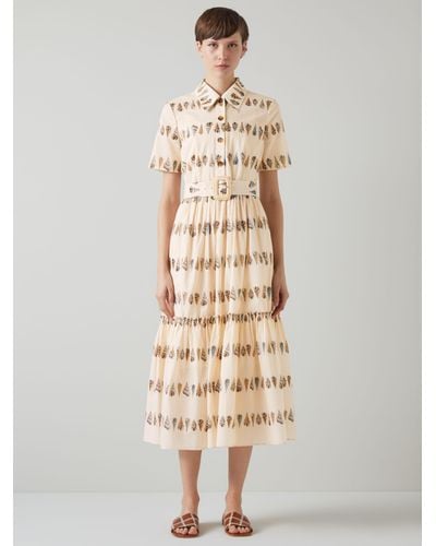 LK Bennett Bella Shell Print Tiered Midi Shirt Dress - Natural