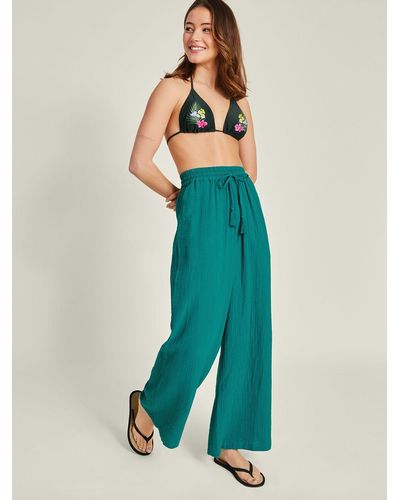 Monsoon Crinkle Wide Leg Beach Trousers - Green