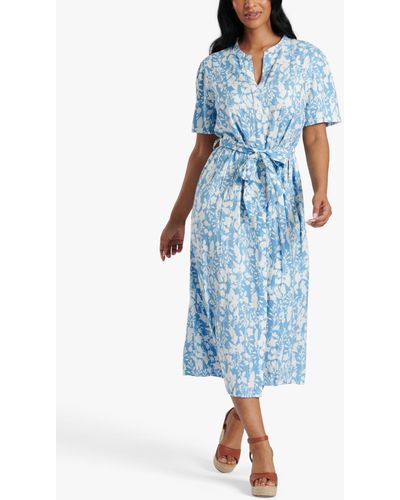 South Beach Floral Print Tie Waist Midi Shirt Dress - Blue