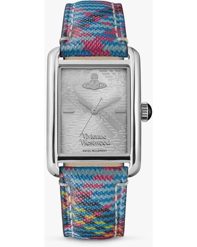 Vivienne Westwood Vv297slmt Shacklewell Rectangle Dial Leather Strap Watch - Blue