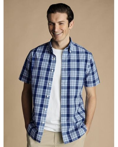 Charles Tyrwhitt Check Short Sleeve Non-iron Poplin Shirt - Blue