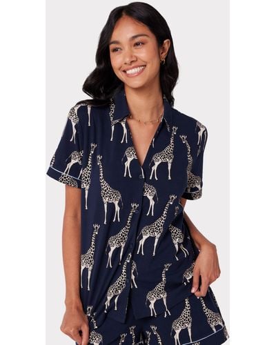 Chelsea Peers Organic Cotton Blend Giraffe Print Shorts Pyjama Set - Blue