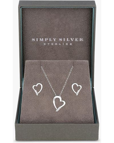 Simply Silver Cubic Zirconia Heart Pendant Necklace And Stud Earrings Jewellery Set - Grey
