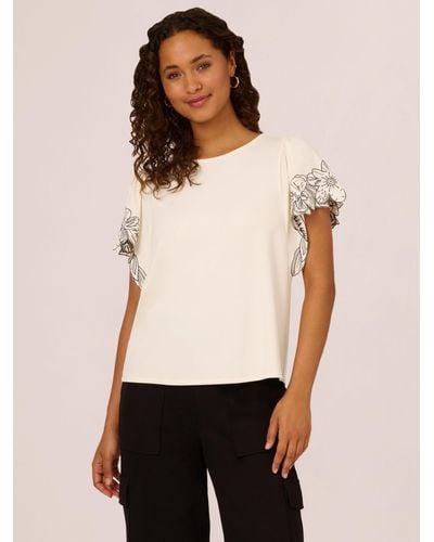 Adrianna Papell Floral Embroidered Sleeve Top - Natural