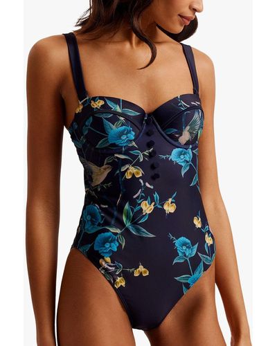Ted Baker Rainnah Floral Print Button Detail Swimsuit - Blue