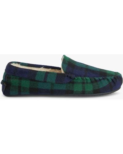 John Lewis Faux Fur Check Moccasin Slippers - Green