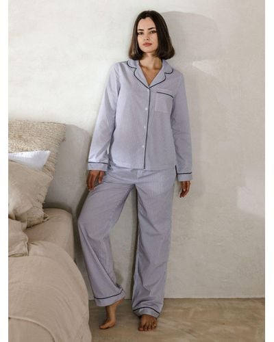 Chelsea Peers Poplin Stripe Long Pyjama Set - Grey