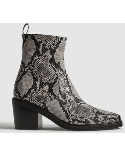 Reiss Sienna Snake Print Leather Ankle Boots - Black