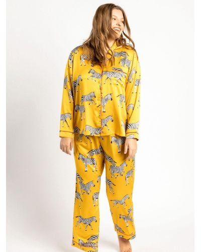 Chelsea Peers Curve Zebra Long Shirt Satin Pyjama Set - Yellow