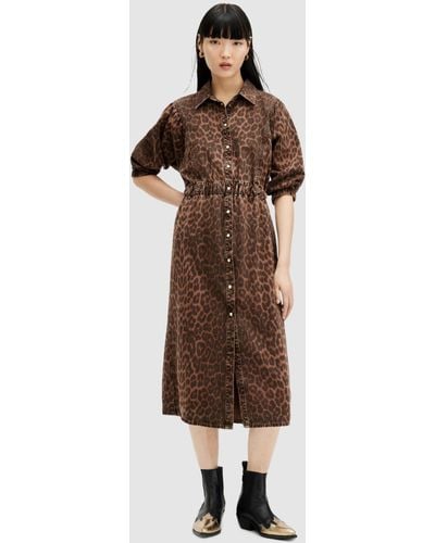 AllSaints Osa Leopard Print Midi Shirt Dress - Brown
