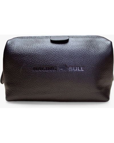 Raging Bull Logo Leather Wash Bag - Black