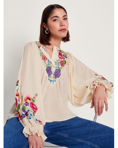 Monsoon Winny Embroidered Floral Blouse - Natural