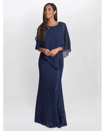 Gina Bacconi Ginger Sequin Lace Dress With Chiffon Cape - Blue