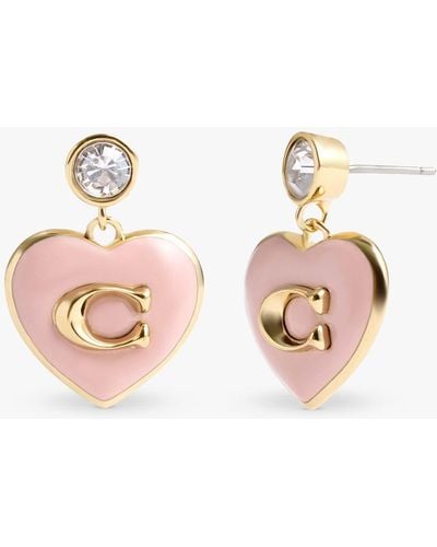COACH Enamel And Crystal Heart Drop Earrings - Pink