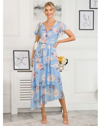 Jolie Moi Elodie Floral Print Tiered Mesh Maxi Dress - Blue