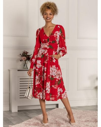 Jolie Moi Long Sleeve Floral Mesh Midi Dress - Red