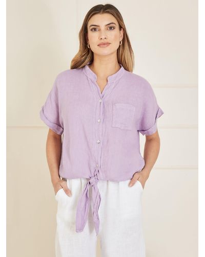 Yumi' Italian Linen Front Tie Shirt - Purple