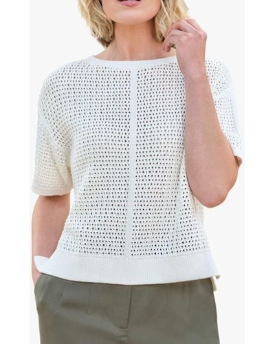 Pure Collection Organic Cotton Stitch Interest Knit Top - White