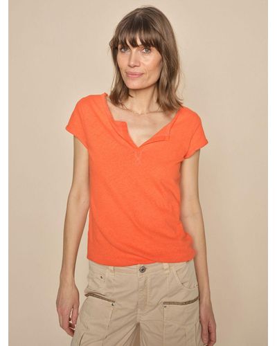 Mos Mosh Troy Cotton And Linen V Neck T-shirt - Orange