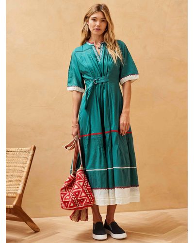 Brora Organic Cotton Geometric Embroidered Folk Dress - Blue