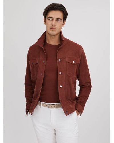 Reiss Nico Long Sleeve Suede Twin Pocket Overshirt - Red