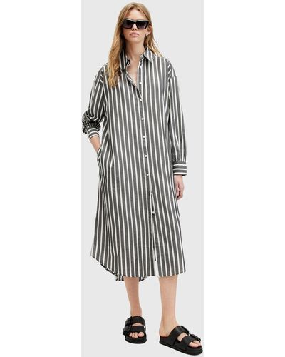 AllSaints Ani Striped Midi Shirt Dress - Grey