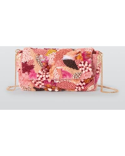 John Lewis Floral Beaded Flapover Bag - Red