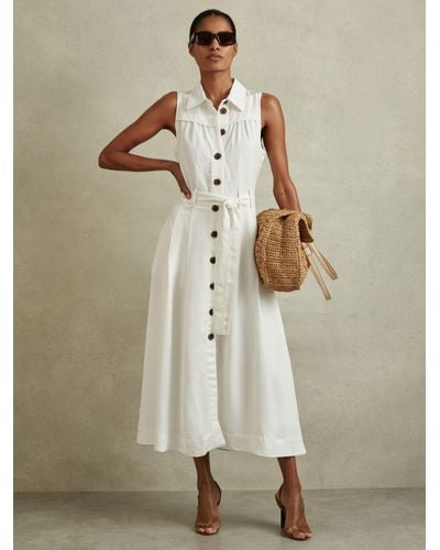 Reiss Heidi Sleeveless Linen Blend Midi Shirt Dress - Natural