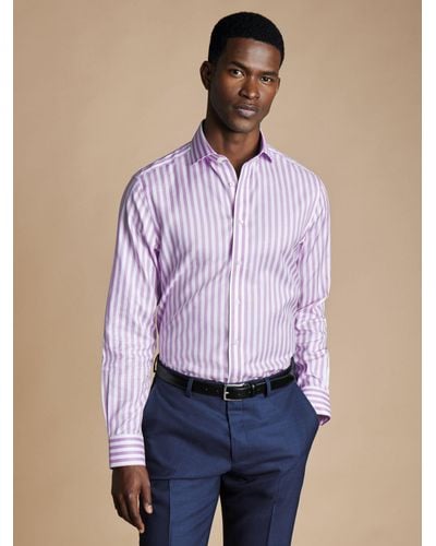 Charles Tyrwhitt Non-iron Long Sleeve Wide Stripe Shirt - Purple