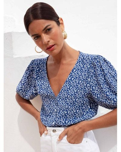 Ro&zo Ditsy Print Button Front Top - Blue