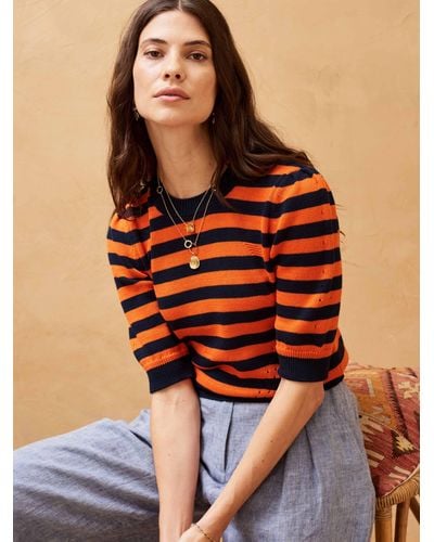 Brora Cotton Stripe Elbow Length Sleeve Jumper - Orange