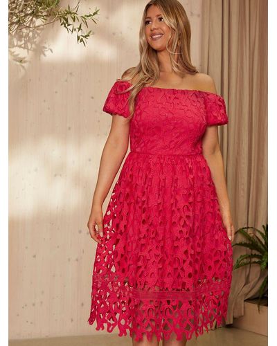 Chi Chi London Lace Bardot Midi Dress - Red