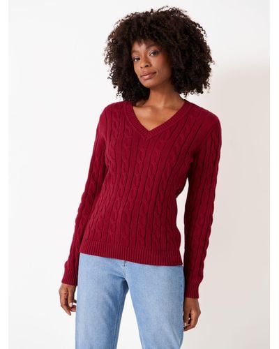 Crew Chunky Heritage Cable V-neck Jumper - Red