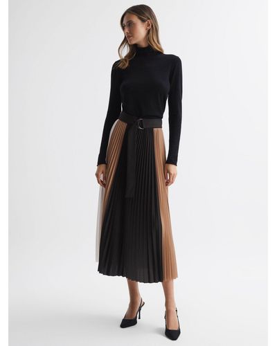 Reiss Ava Colourblock Pleated Midi Skirt - Black