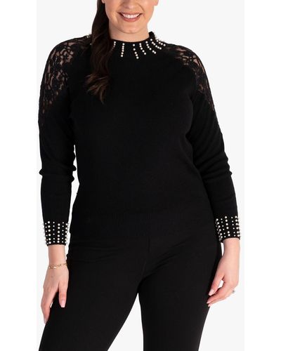 Chesca Lace Detail And Pearl Trim Jumper - Black