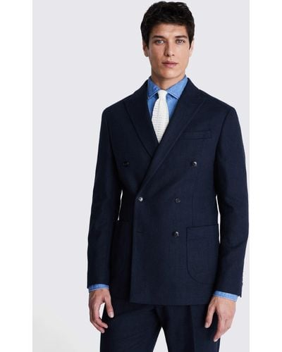 Moss Tailored Fit Double Breasted Herringbone Suit Jacket - Blue