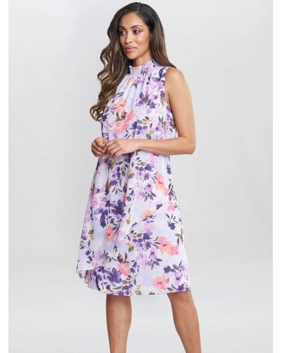 Gina Bacconi Ginnie Floral Print High Neck Double Layer Dress - White