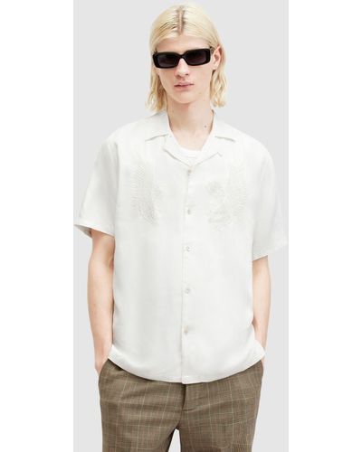AllSaints Aquila Eagle Embroidered Relaxed Fit Satin Shirt - White