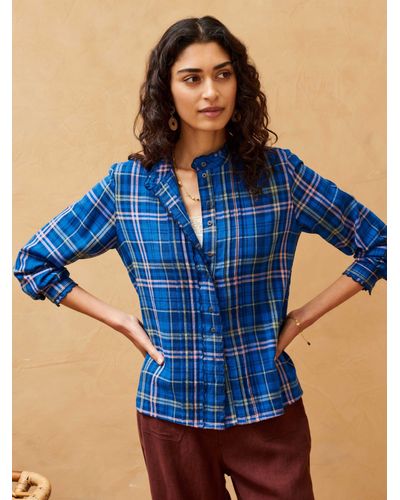 Brora Brushed Cotton Check Blouse - Blue