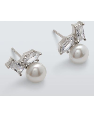 Lido Freshwater Pearl Hexagon And Baguette Cubic Zirconia Stud Earrings - White