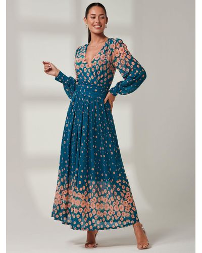 Jolie Moi Blossom Print Mesh Maxi Dress - Blue