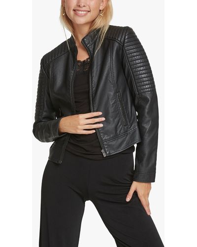 Sisters Point Duna Faux Leather Ribbed Detail Biker Jacket - Black
