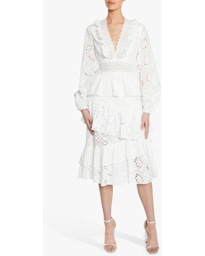 True Decadence Broderie Lace Trim Tiered Midi Dress - White